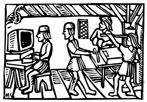 Woodblock printers look at a man working on a computer