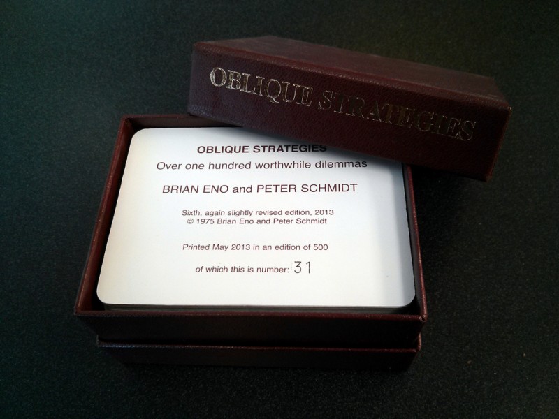 Doctorow, Cory. Oblique Strategies Deck, PO Box, The Barbican, London, UK. Photography, June 14, 2013. https://www.flickr.com/photos/doctorow/9041086636/.