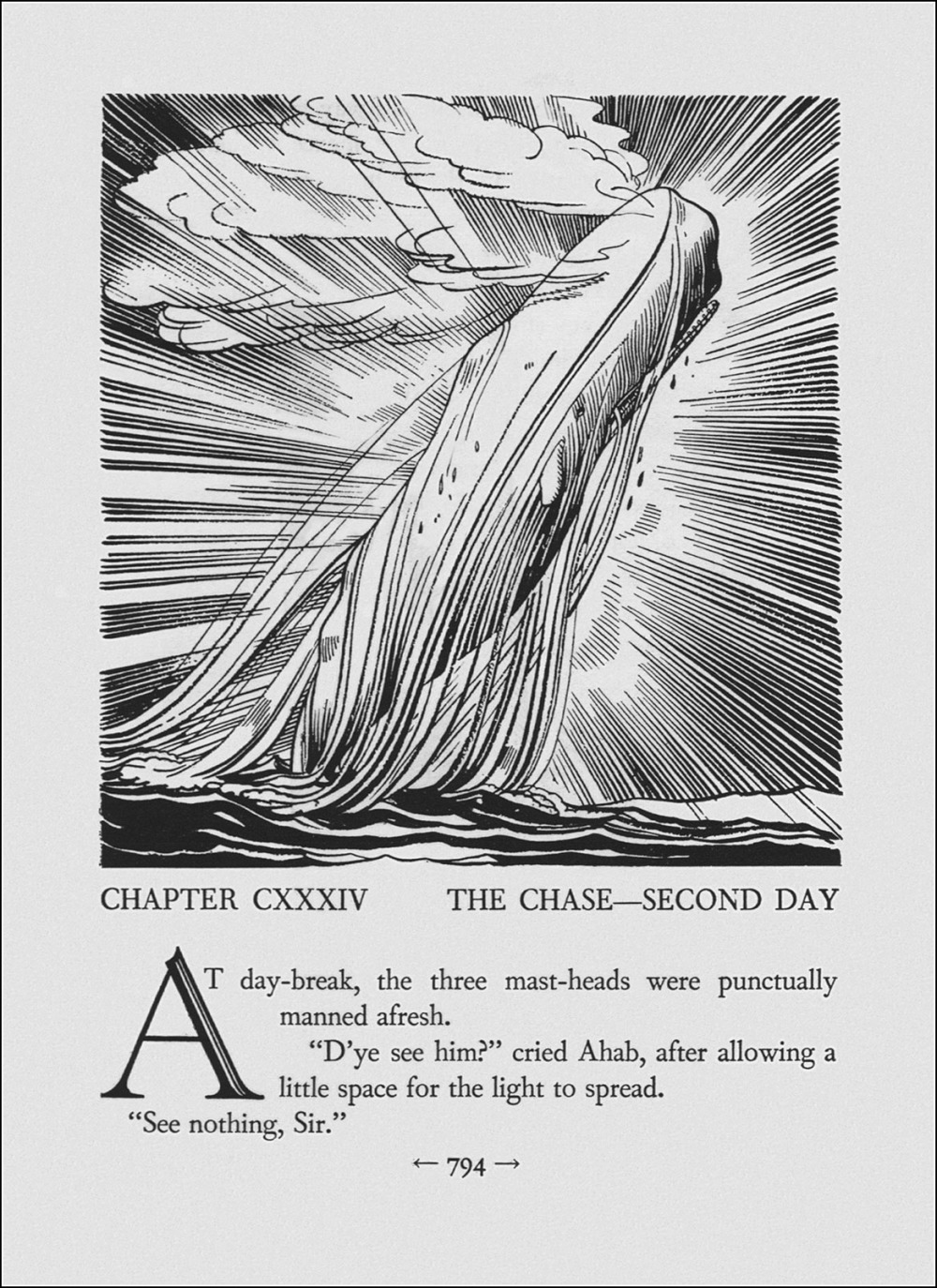 A whale breaching the ocean, illustration by Rockwell Kent
